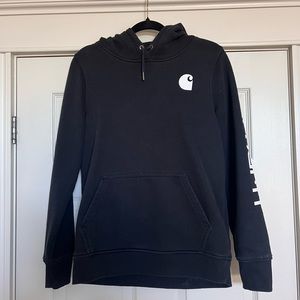 WOMEN'S RELAXED FIT MIDWEIGHT LOGO SLEEVE GRAPHIC HOODIE